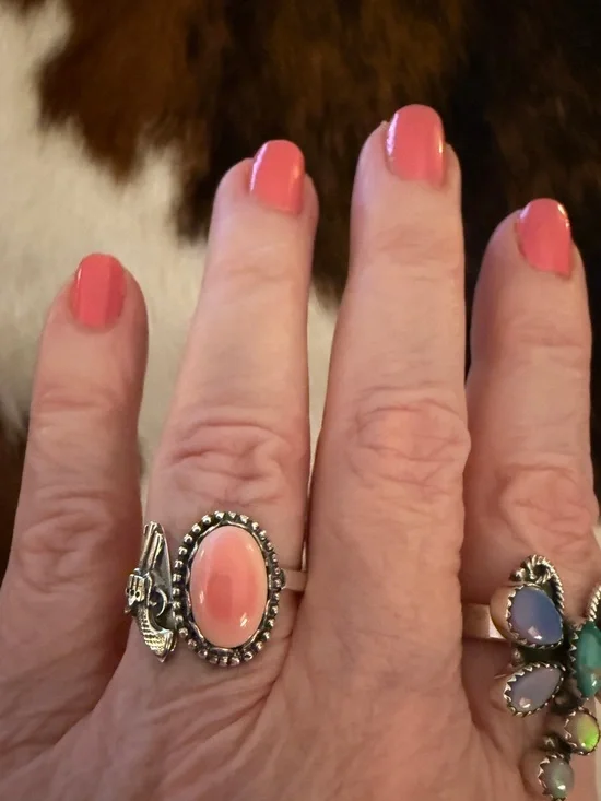 ❤️ Queen Pink Conch Gun Revolver Sterling Western By-Pass Floater Ring Adj 7.75+ - Picture 15 of 15